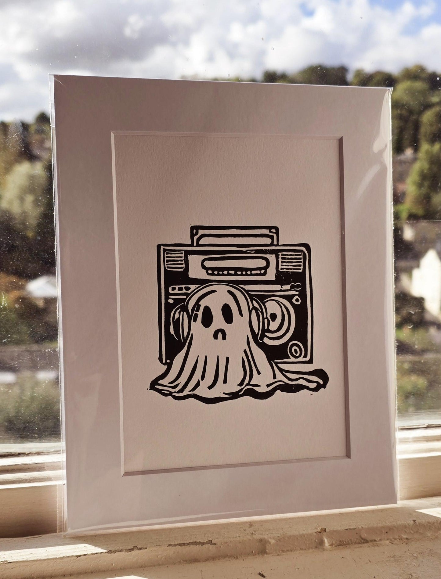 SadCuteGhost | Original | Linoprint | listening to music