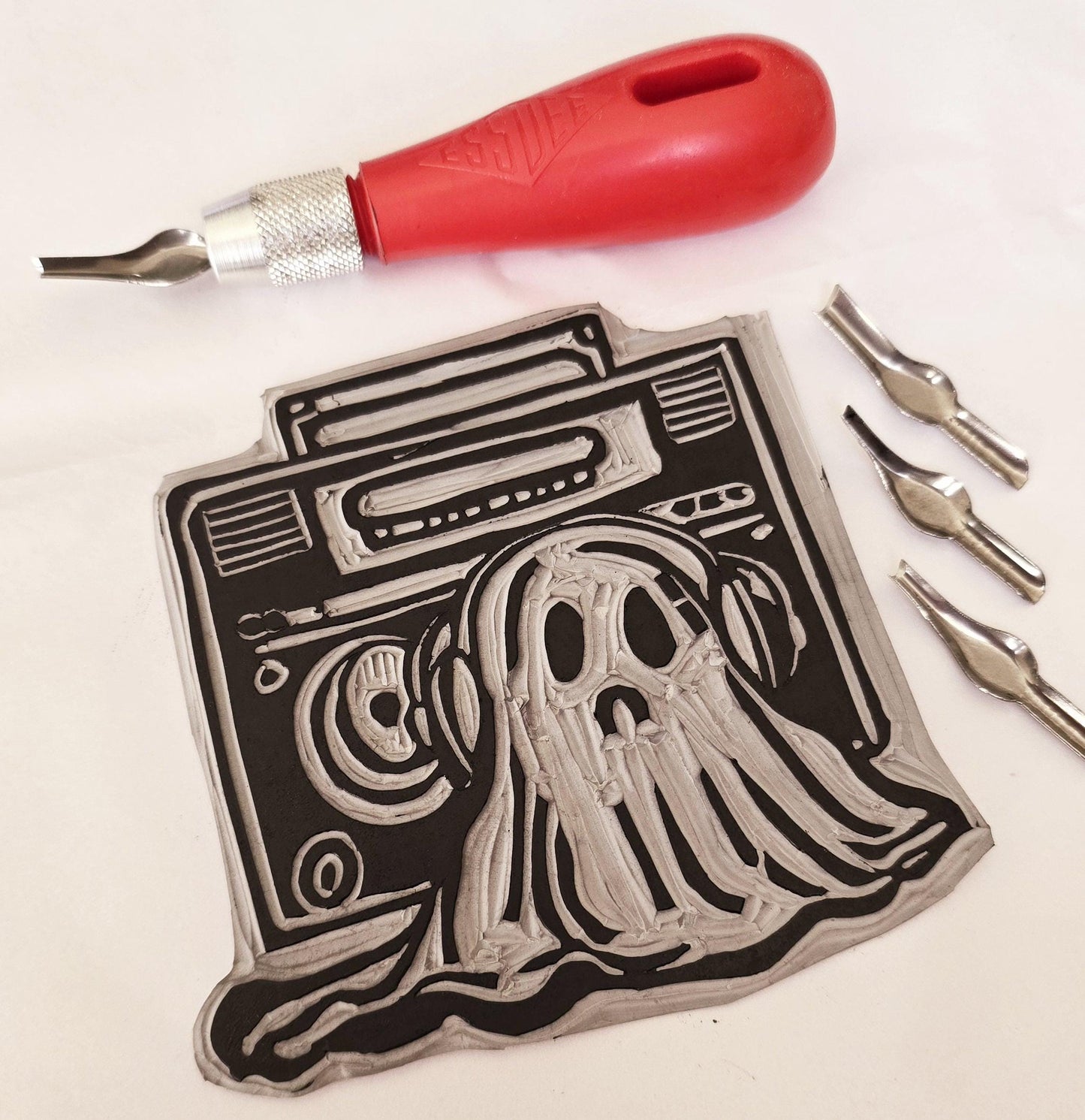 SadCuteGhost | Original | Linoprint | listening to music