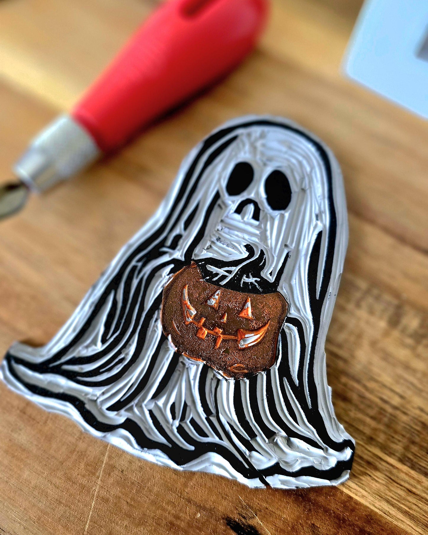SadCuteGhost | Original | Linoprint | holding a pumpkin
