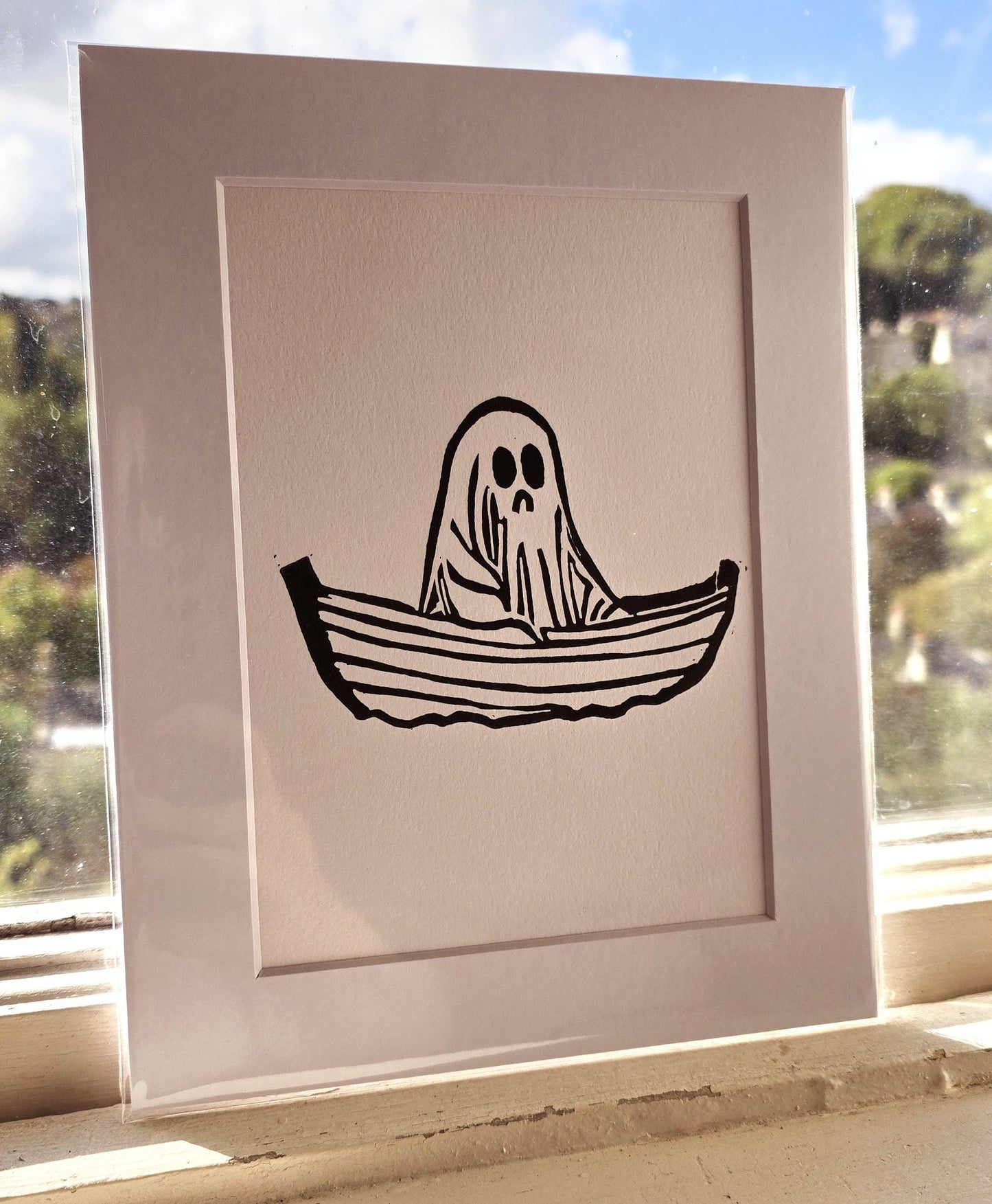 SadCuteGhost | Original | Linoprint | in a boat
