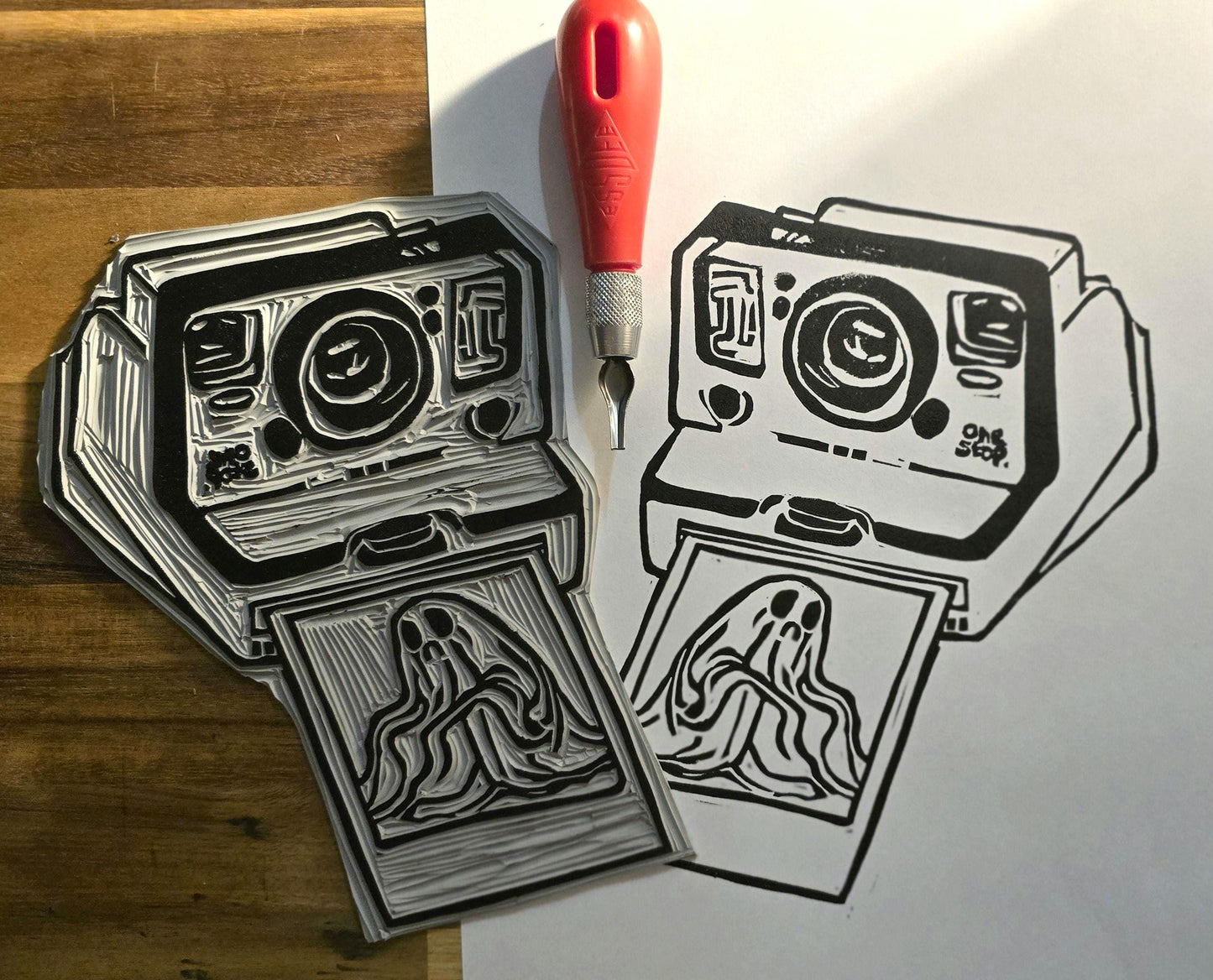 SadCuteGhost | Original | Linoprint | Caught on Camera