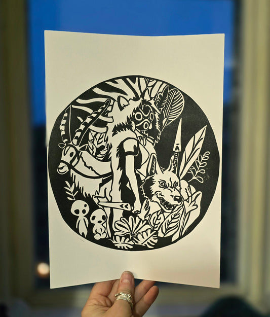 Studio Ghibli Print | Original Linoprint |  Princess Mononoke
