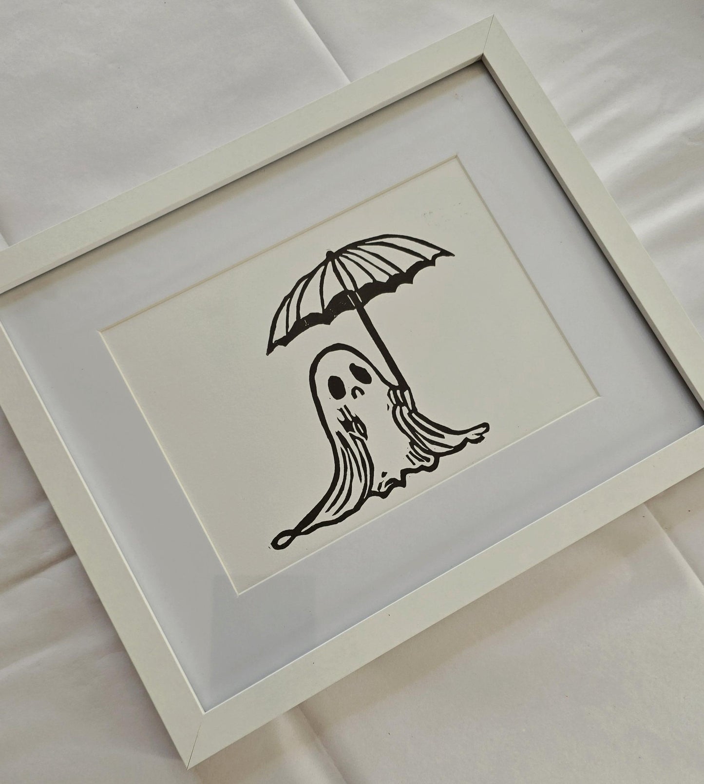 SadCuteGhost | Original | Linoprint |  under an umbrella