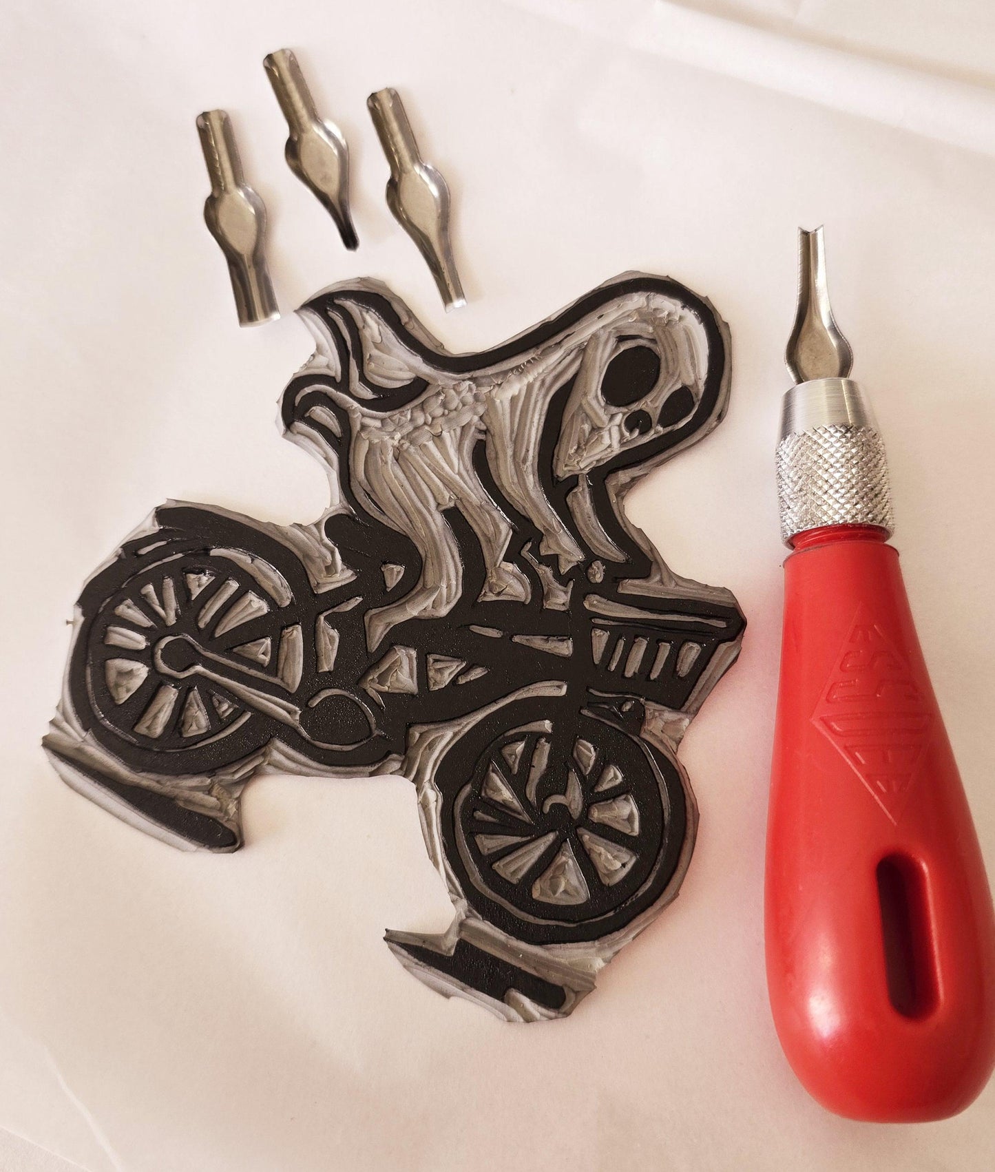 SadCuteGhost | Original | Linoprint |  on a bicycle