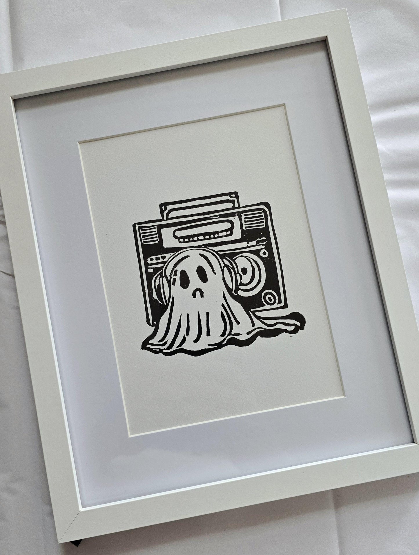 SadCuteGhost | Original | Linoprint |  listening to music
