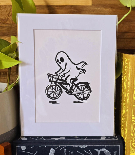 SadCuteGhost | Original | Linoprint |  on a bicycle