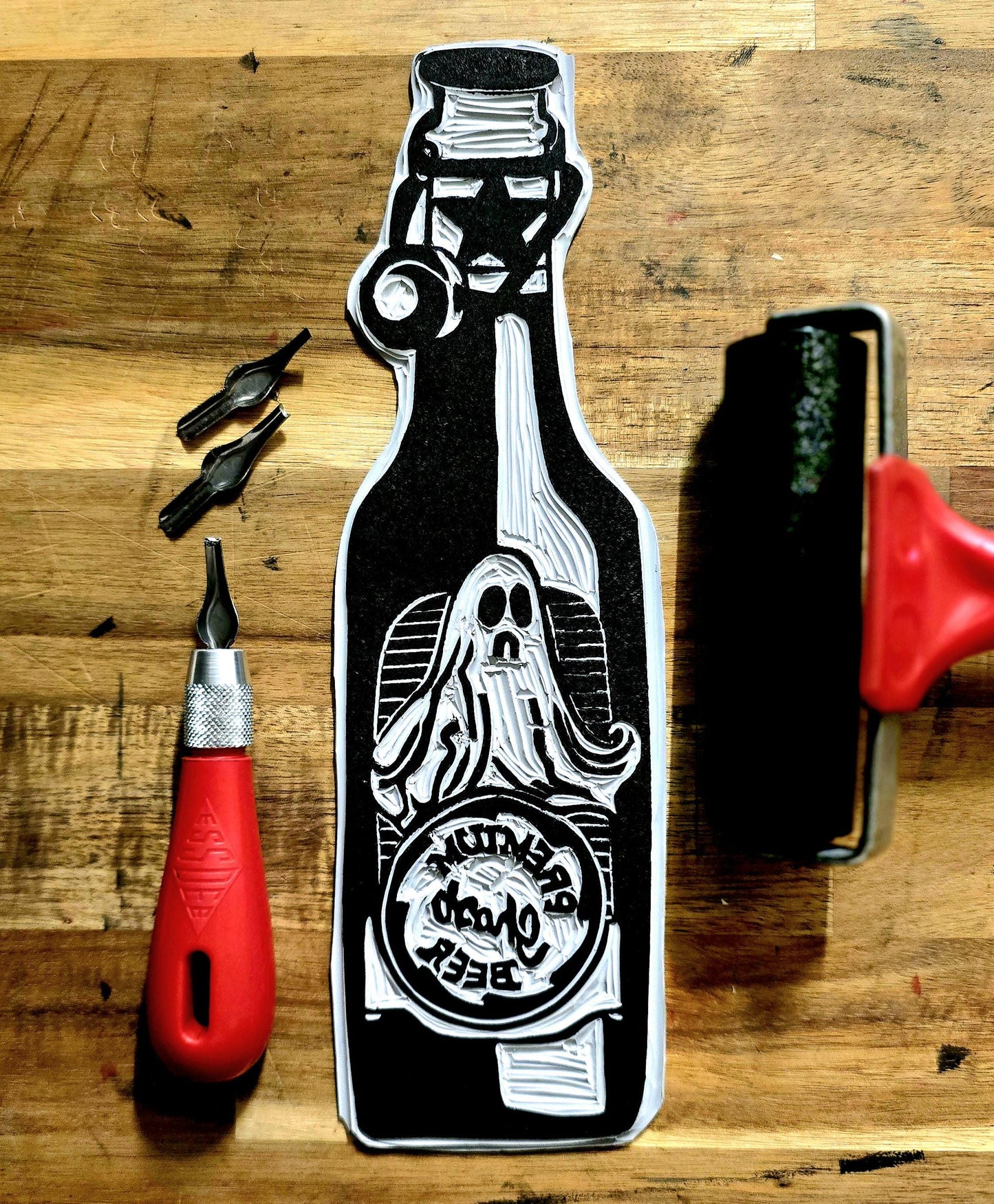 SadCuteGhost | Original | Linoprint | Bottle of Beer