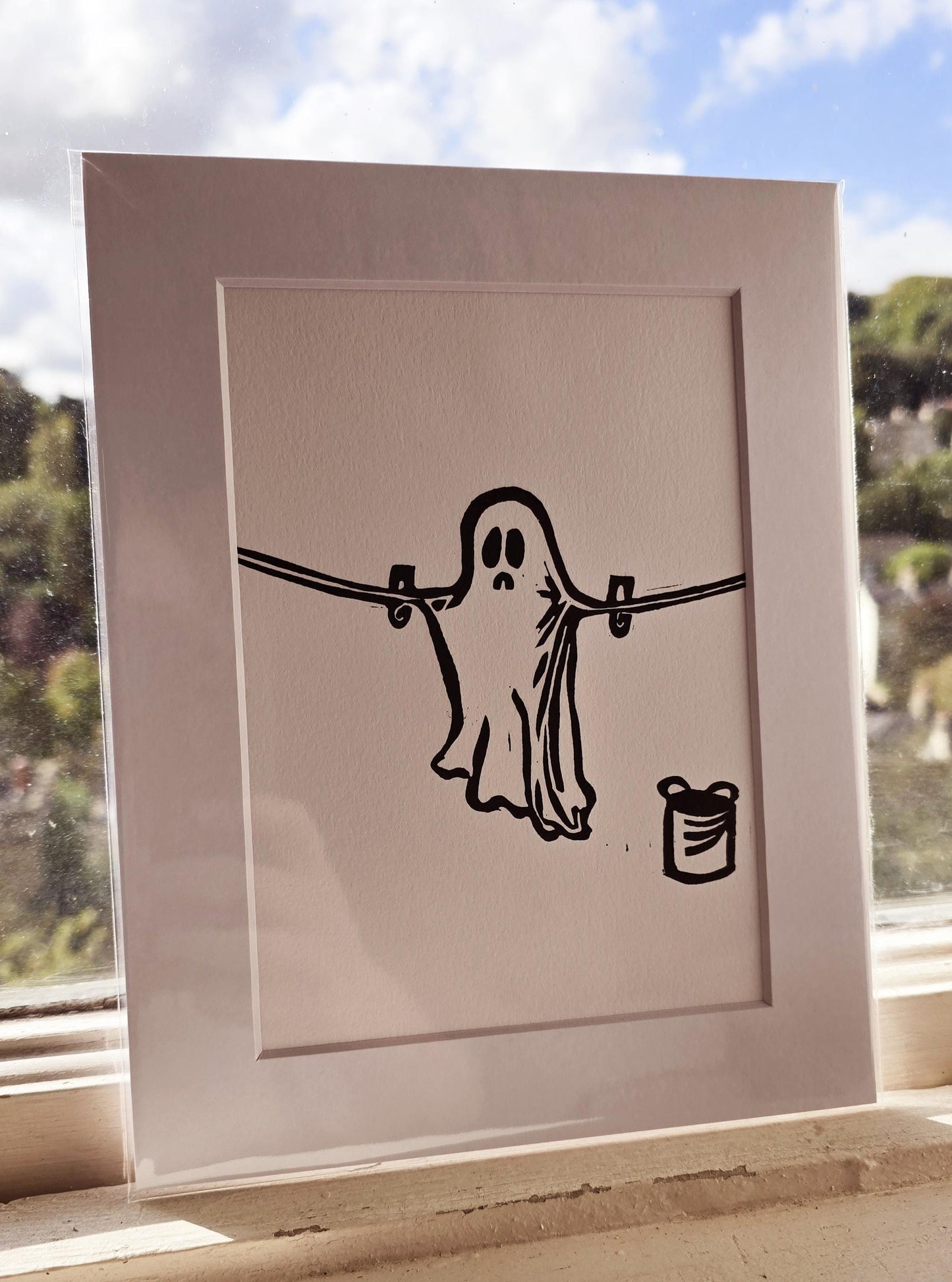 SadCuteGhost | Original | Linoprint |  on a washing line.
