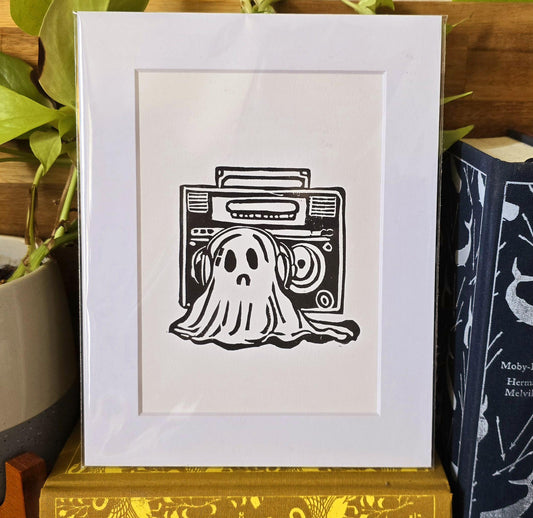 SadCuteGhost | Original | Linoprint |  listening to music