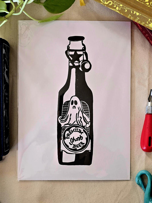 SadCuteGhost | Original | Linoprint | Bottle of Beer