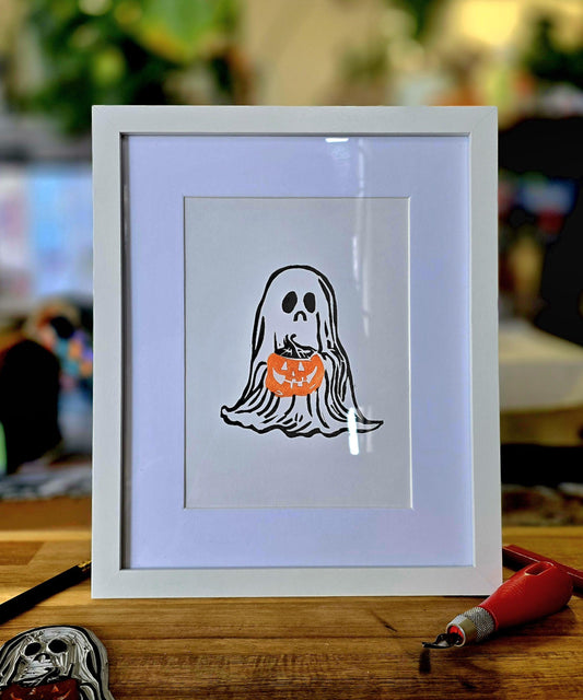 SadCuteGhost | Original | Linoprint |  holding a pumpkin