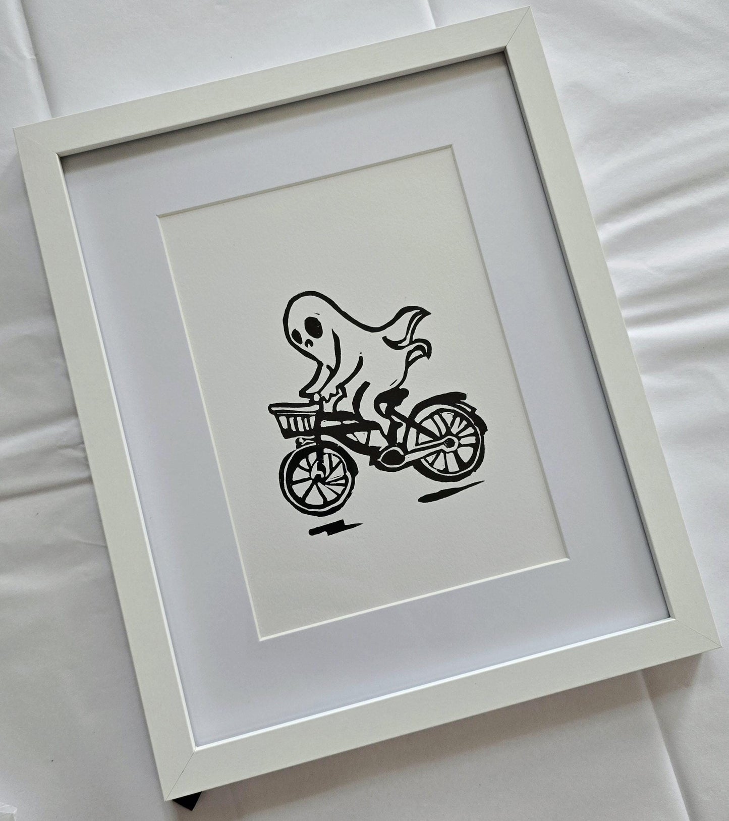 SadCuteGhost | Original | Linoprint |  on a bicycle