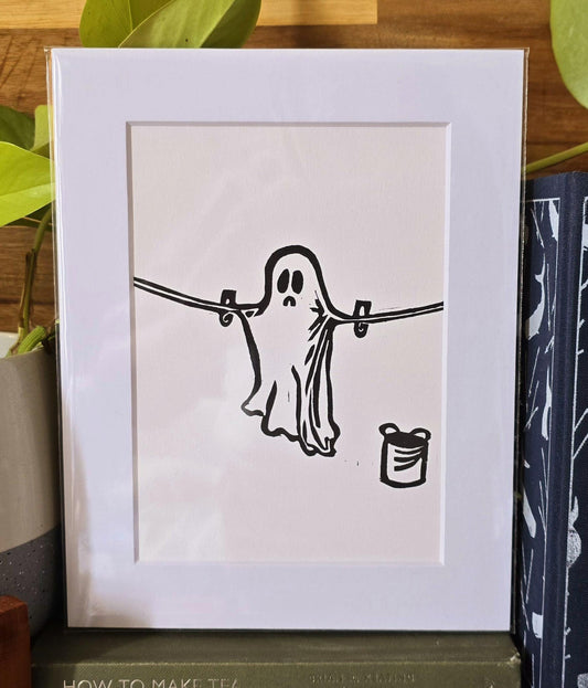 SadCuteGhost | Original | Linoprint |  on a washing line.