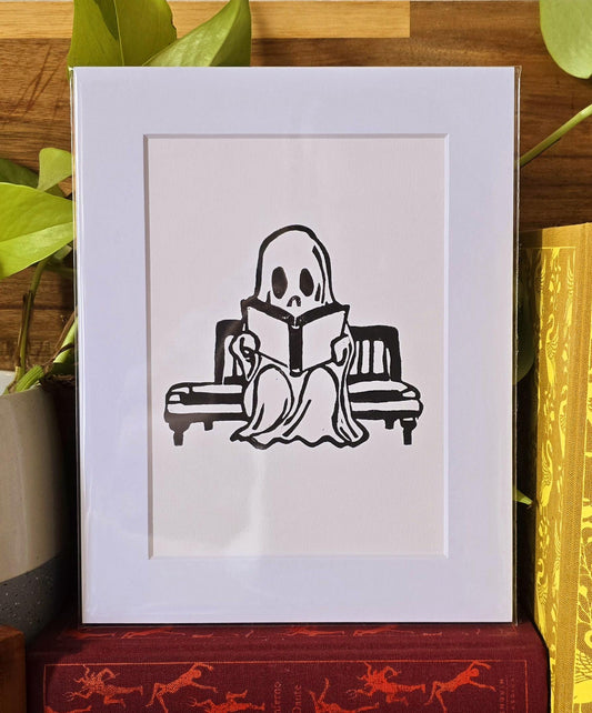 SadCuteGhost | Original | Linoprint |  reading on a bench