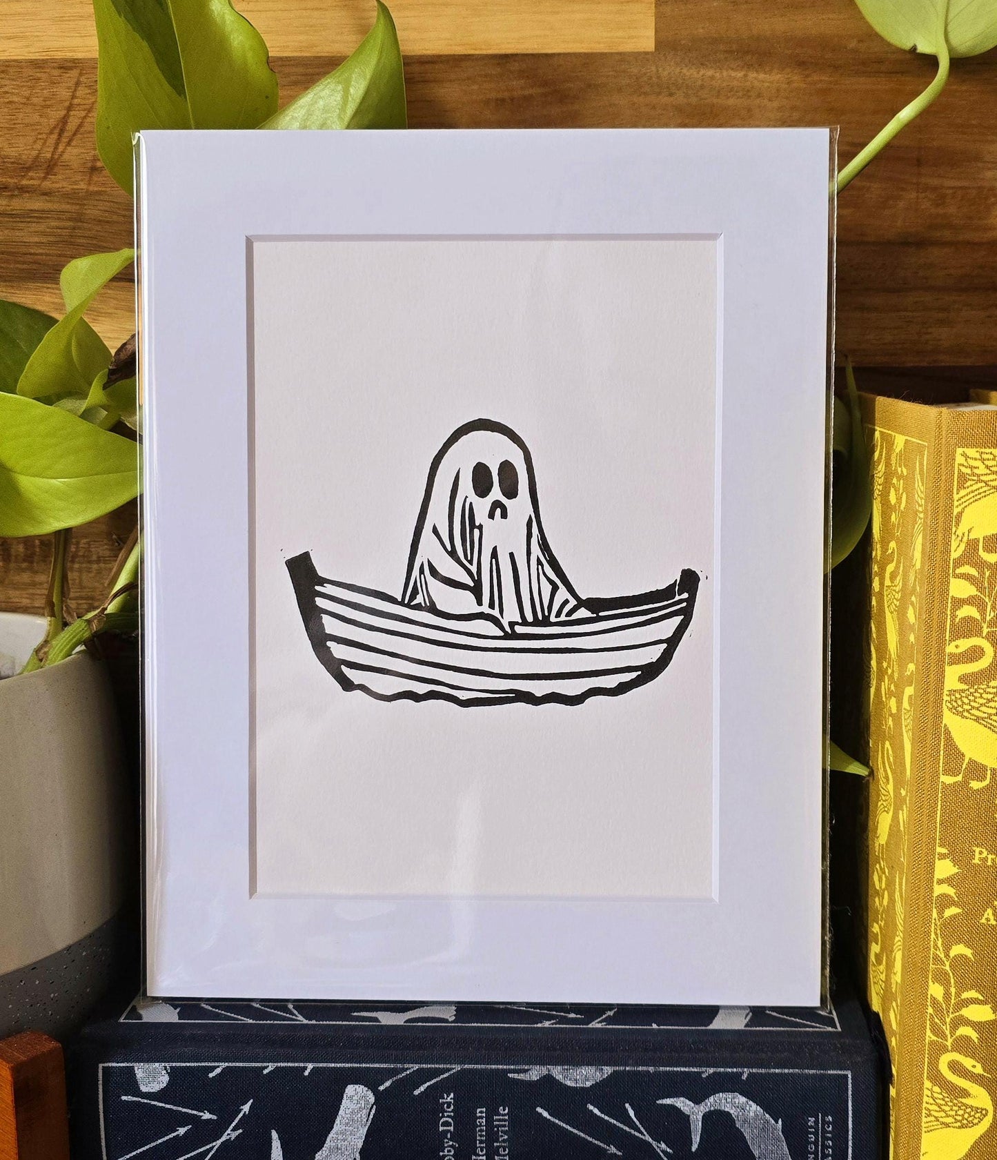 SadCuteGhost | Original | Linoprint |  in a boat