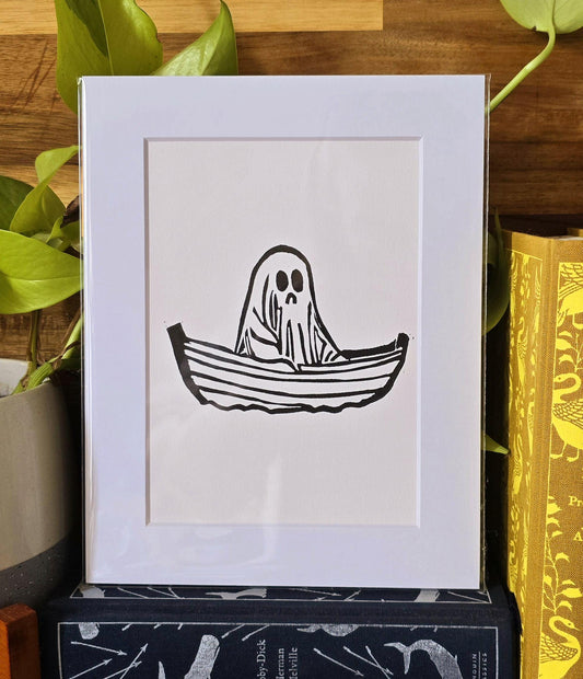SadCuteGhost | Original | Linoprint |  in a boat