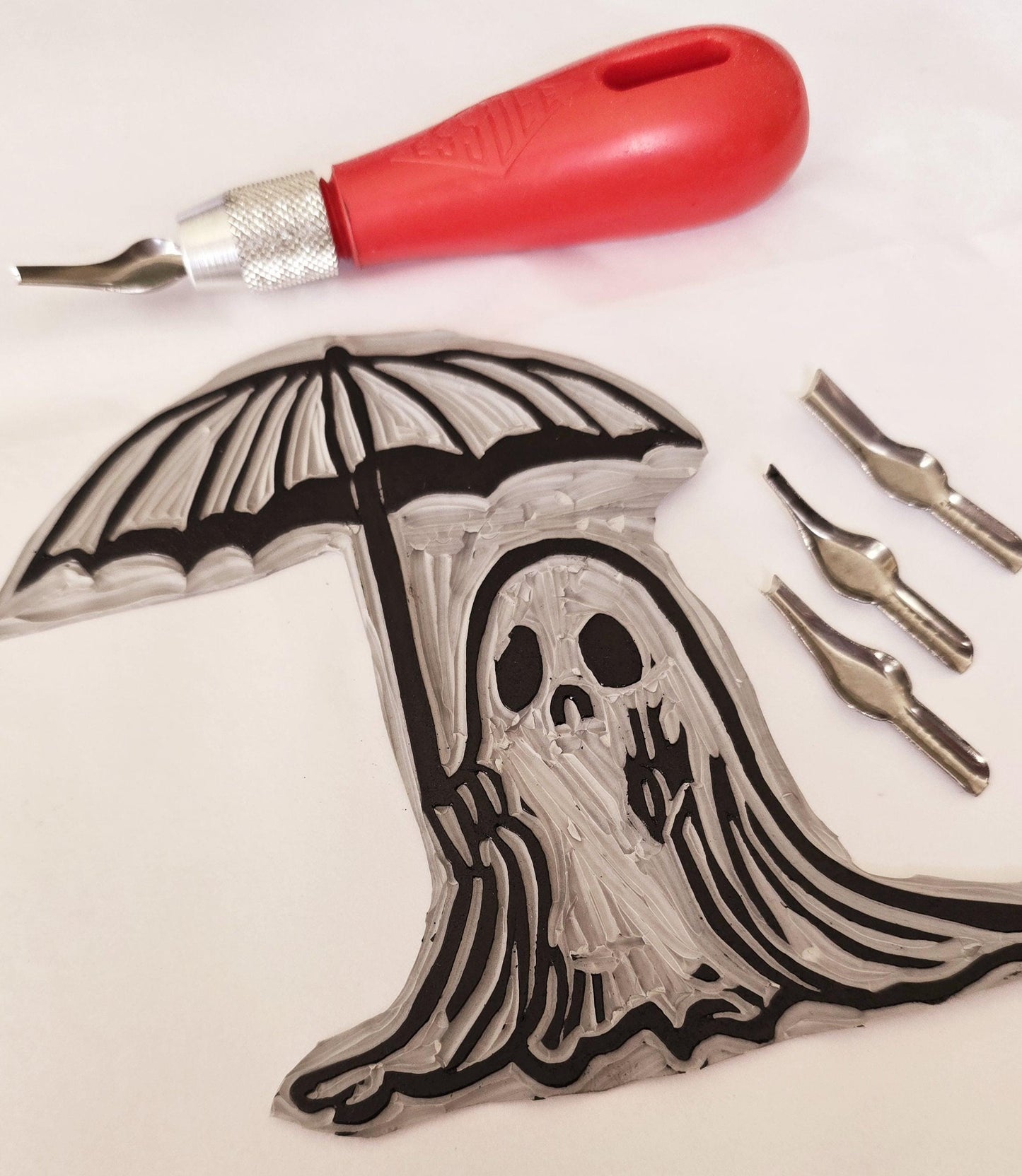 SadCuteGhost | Original | Linoprint |  under an umbrella
