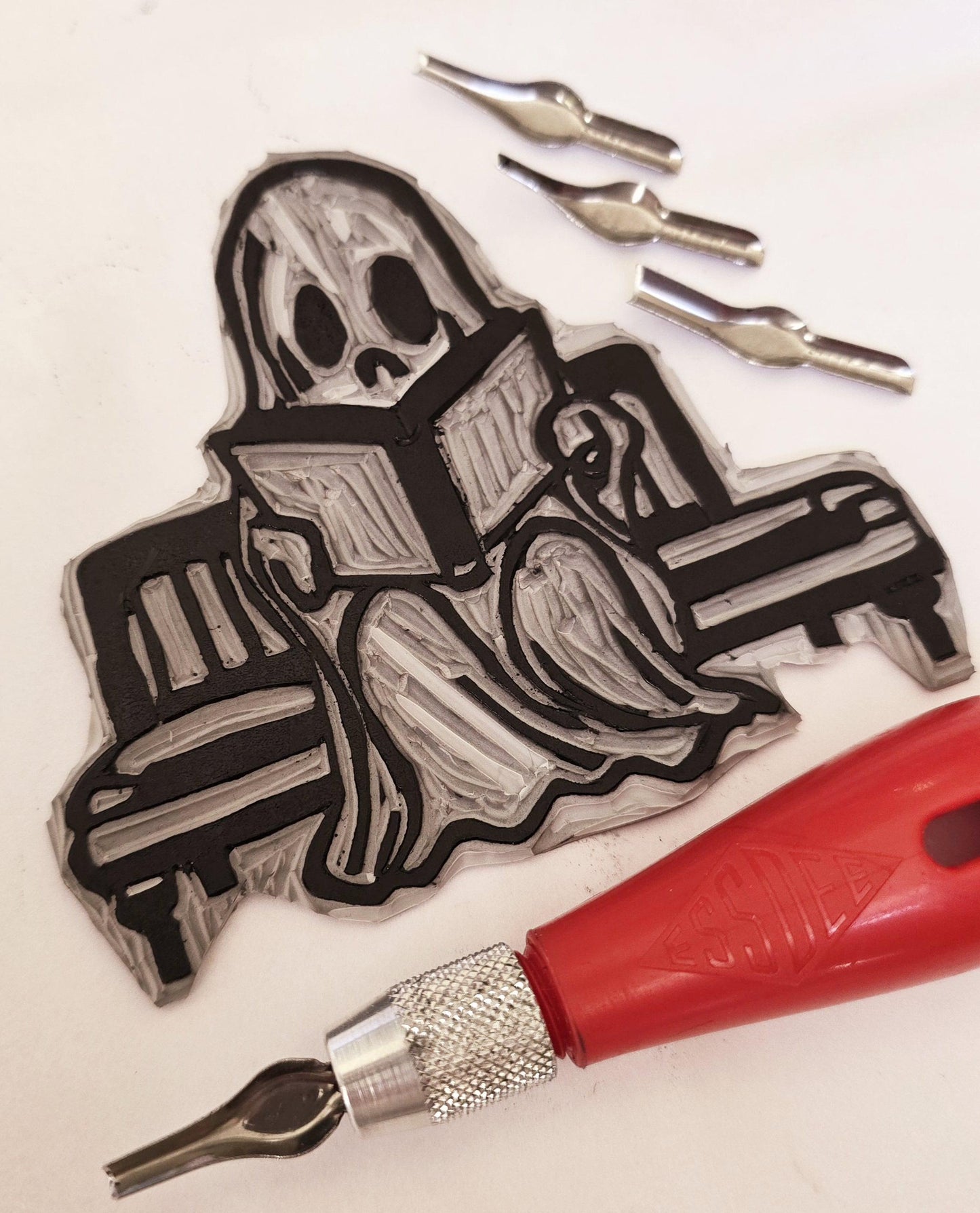 SadCuteGhost | Original | Linoprint |  reading on a bench