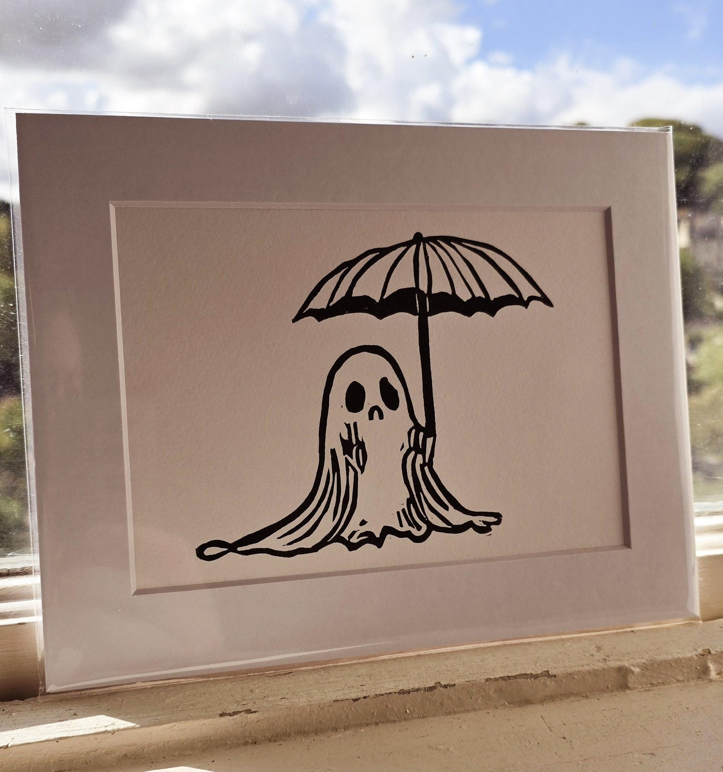 SadCuteGhost | Original | Linoprint |  under an umbrella