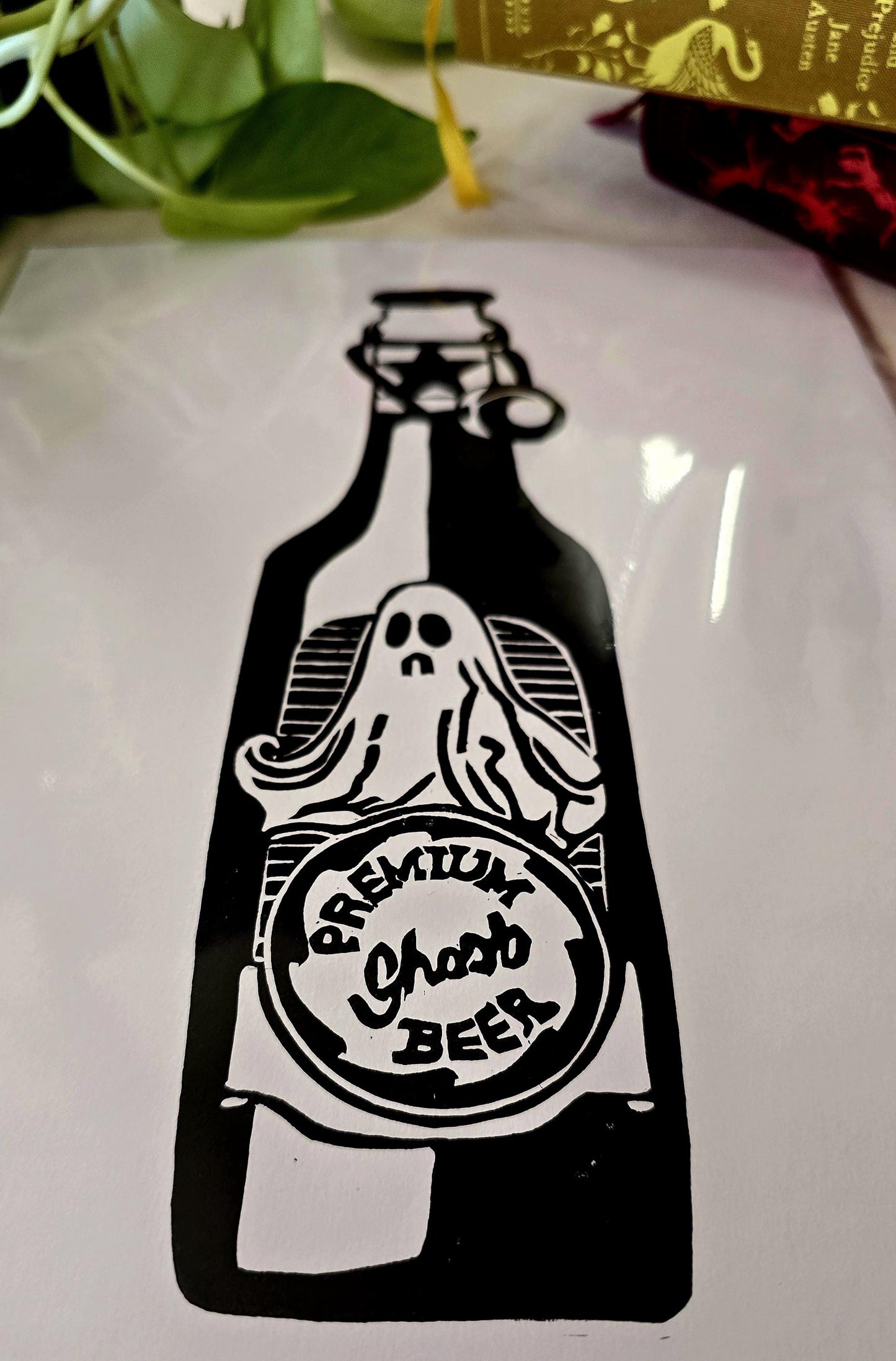 SadCuteGhost | Original | Linoprint | Bottle of Beer