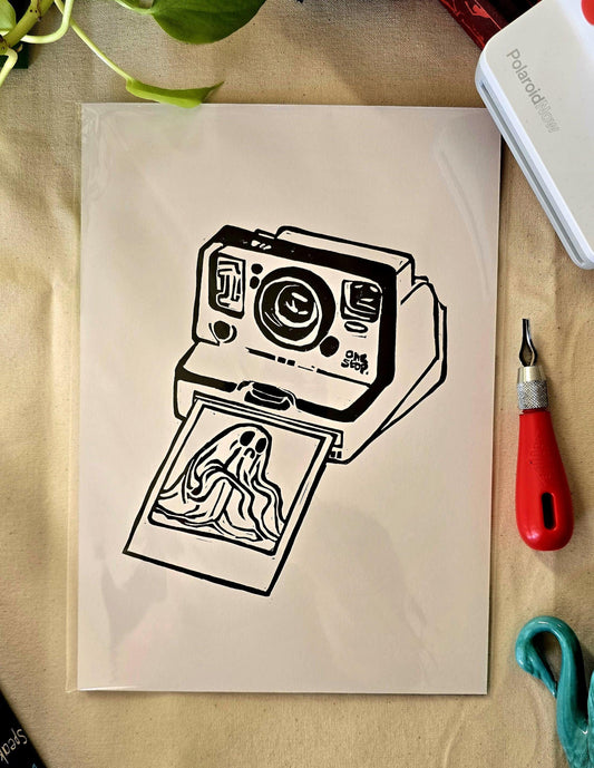 SadCuteGhost | Original | Linoprint | Caught on Camera