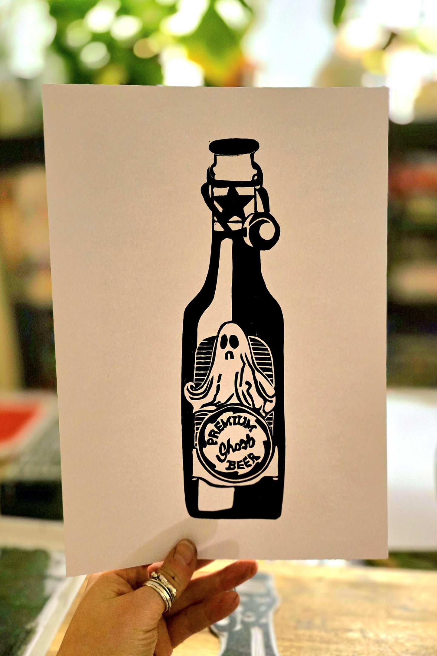 SadCuteGhost | Original | Linoprint | Bottle of Beer