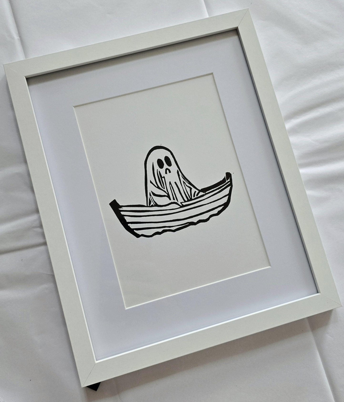 SadCuteGhost | Original | Linoprint |  in a boat