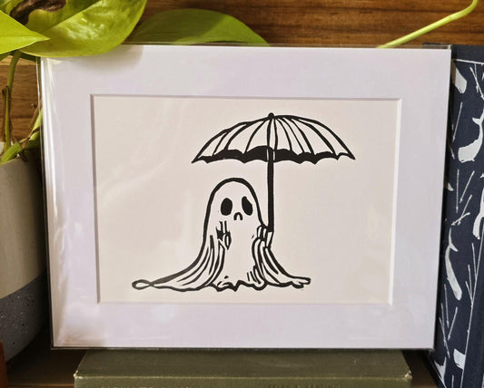 SadCuteGhost | Original | Linoprint |  under an umbrella